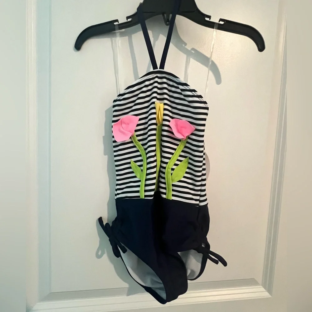 NWT Kate Mack Toddler Navy Stripes with Flowers One Piece Swimsuit, 4 - Picture 2 of 6